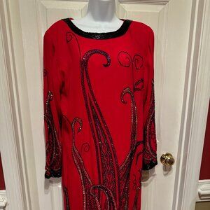Women’s Vintage Red 100% Polyester Sequin Mid Dress Beaded swirls w/ zipper SZ 8